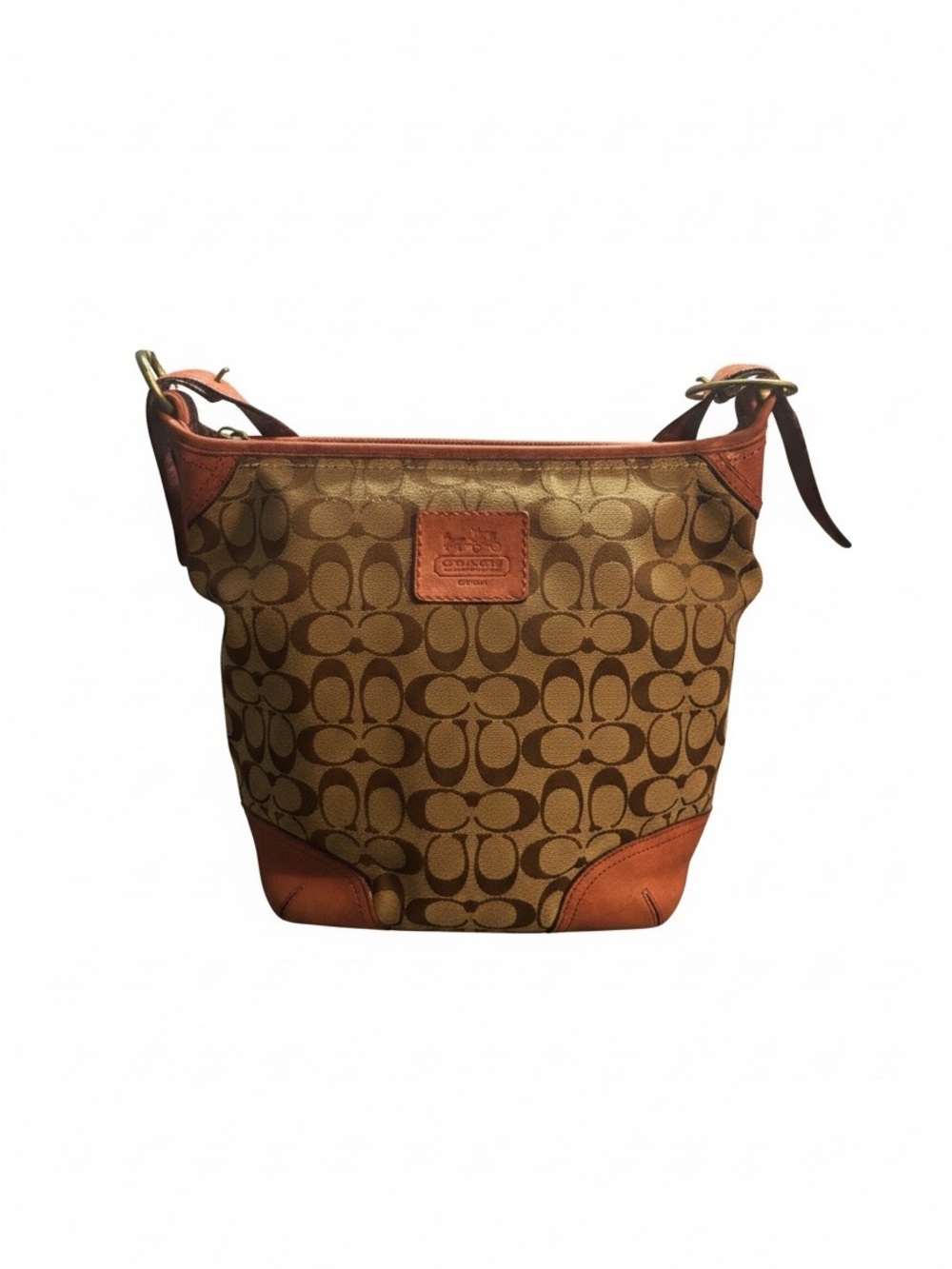 Coach Brown Signature Canvas Shoulder Bag with Saddle Leather Trim